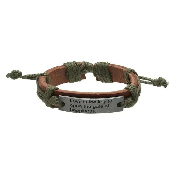 Hand Craft Brown Green Love is The Key Leather Silver Pewter Adjustable Bracelet - Picture 1 of 1